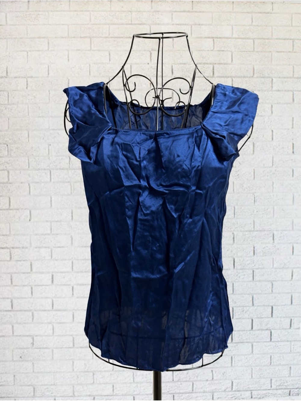 Silk Dark Royal Blue Ruffle Collar Shirt Women Size X-Small Work Formal Chic